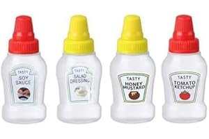 JOWXSX 4 Stück Mini-Flaschen, Mini-Ketchup-Flasche, Maggi-Flasche, Gewürzflasche, Saucenflasche, Mini-Salzspray, scharfe Sauce, Barbecue-Sauce, Tomatensauce, Olivenöl, Mayonnaise, Sauce und