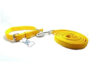 THE DDS STORE Puppy Nylon Leash with Collar Set - Small to Medium Dogs and Cats Leash and Collar Set Suitable for Puppies of All Dog Small Breeds Adjustable Soft Nylon Paw Plain Strip (MEDIUM, YELLOW)