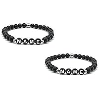 Mister Boncuk Black Love - Personalisiertes Couple Armbänder aus schwarzen Onyxsteinen mit Edelstahl zwischen Perlen. Armbänder für Paare - Partner - Pärchen - Namensarmband - Namensarmbänder - Ideal als Valentinstag Geschenk.