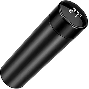 UrbanTail Stainless Steel Black Double Walled Vacuum Insulated 500ml Bottle with LED Temperature Display / 12 Hour Hot & Cold Smart Thermos Flask (500ml, Black)