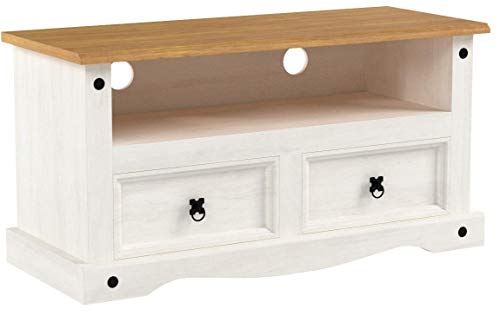 IDIMEX Meuble TV Campo Banc télévision de 108 cm en Bois Style Mexicain avec 2 tiroirs et 1 Niche, en pin Massif lasuré Blanc et Brun