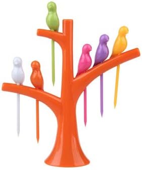1 Set Plastic Fruit Forks 1 Stand+6 Forks Dinnerware Sets Sweet Dessert Small Fork Tree+Birds Design (Orange)