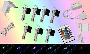 Trango 7er Set TG5022-07 RGB Farbwechsel LED Glaskantenbeleuchtung I Schrankbeleuchtung I Glasbodenbeleuchtung I Vitrinenbeleuchtung Clip I Möbelbeleuchtung I Vitrine Beleuchtung