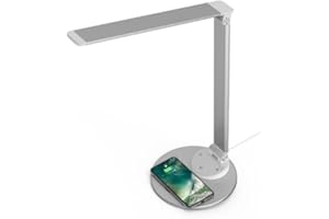 GIGOWATT Lampa biurkowa LED na zawiasach z ładowarką indukcyjną, lampa architektoniczna, ściemniacz ciepłej lub zimnej bieli, port USB-A, jasnoszara