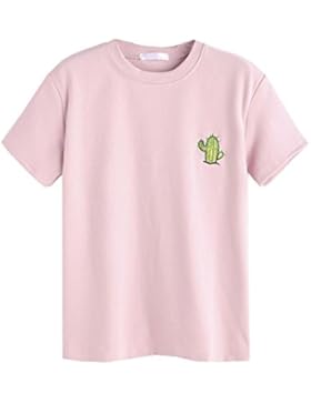 ROMWE Damen Top mit Hübschen Kaktus Stickerein T-Shirt Kurzarm Shirt