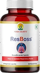 Yogic Secrets ResBoss for Respiratory Health I Breathe Easy I Promotes Lungs Capacity & Lung Detox I 100% safe & natural I Anti-Inflammatory I Standardized extract of Boswellia serrata - AKBAMAX I Non-GMO I Vegan I Gluten Free I 60 veg cap in Glass bottle I Ideal for adult men & women