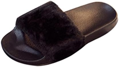 Alberar Womens Ladies Slip On Sliders Fluffy Faux Fur Flat Slipper Flip Flop Sandal (37, Black)
