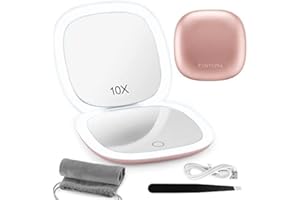 Funtopia Miroir Compact grossissant 1X/10X avec lumières LED, 3 Couleurs et luminosité Double Face, Miroir Portable Rechargeable de 10.2 cm pour Voyage et Sac à Main, écran Tactile (Or Rose)