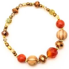 Glamour Stretch Bracelet - Red Carnelian, Olive Wood, and Gold-toned Accents - Handmade & Fair Trade
