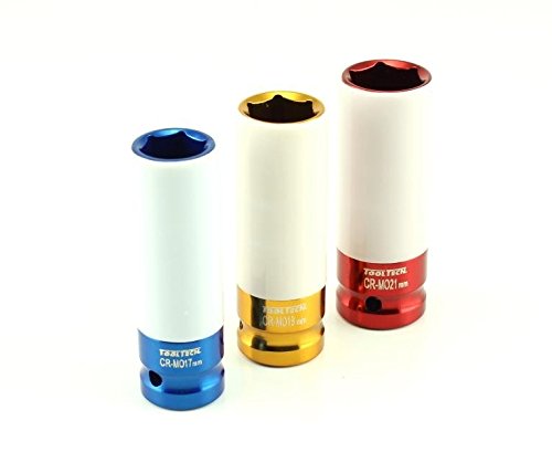 3 Stück Kraft-Schoneinsätze, Schlagschrauber Schonnüsse mit Naylonbelag innen und außen, zum Schutz Ihrer Aluminiumräder, Chrom-Molybden-Stahl, 17-19-21mm, 1/2″, 85mm lang, nach Größe farbig markiert, inklusive Box, Artikelnr. 10921 - 2