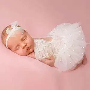 M&G House White Lace Newborn Photography Outfits Girl Newborn Photography Props Pearl Lace Rompers Newborn Girl Lace Romper Photoshoot Outfits Halloween (Short Sleeve, White, 0-2Months)