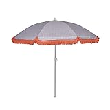 Sombrilla de playa, terraza y/o jardín de la marca EZPELETA. Sombrilla antiviento de diseño veraniego, muy cuidado en acabados y detalles. Tejido con tratamiento UPF 50+, bloqueando el 97,5% de los rayos ultravioleta. Diseño estampado de flores/cuadros/rayas. Acabado del producto en flecos a un color. Estructura de acero color blanco. Incluye funda/bolsa para su transporte. Disponible en 6 diseños diferentes.