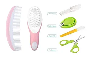 Manan Shopee Newborn Baby Comb & Soft Brush Set with Toddler Grooming Kit with Scissors - The Best Unique Baby Shower Gift for Girls and Boys (Color May Vary) (Pink)