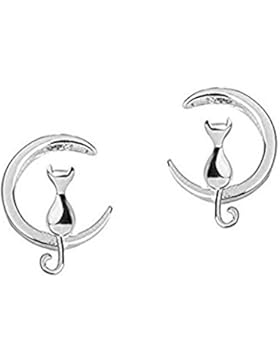 Findout 925 Sterling Silber Nette Katze lieben Sie auf dem Mond Ohrringe (f1742)