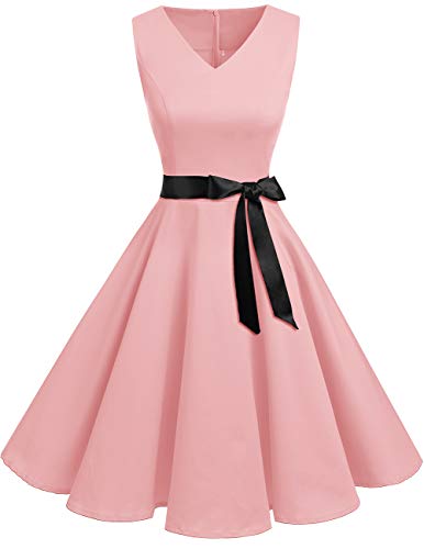 Bridesmay Robe Femme Vintage Années 50 Pin Up Robe de Soirée Cocktail Cérémonie Audrey Hepburn Rockabilly Swing Col en V sans Manche Pink M
