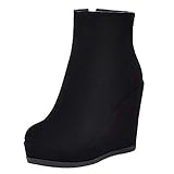  COOLULU Damen Plateau Keilabsatz Stiefeletten High Heels mit Reißverschluss Ankle Boots Herbst Winter Schuhe (Schwarz,35)