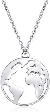 925 Sterling Silver Globe World Map, Crescent Moon and Star Pendant Necklace for Women Girls, 18''