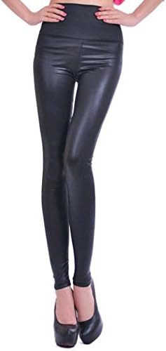Bozhan Women Sexy Wet Party Look Tight Shine Liquid Metallic Faux Leather Petite Tall High Waisted Leggings Black
