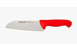 Arcos Serie 2900 - Cuchillo Santoku con Alveolos - Hoja de Acero Inoxidable Nitrum de 180 mm - Mango inyectado en Polipropileno Color Rojo