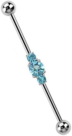 Body Jewllery Shack ~ Gift Boxed ~ Industrial Scaffold Piercing Bar 3 Gems Cluster Centre 38mm Barbell in Pink ~ Blue…