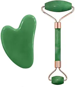 Ishika accessories Natural Jade Double Sided Face Roller & Gua Sha Scraping Facial Massager Massage Stone Beauty Tool for Face Neck Toning, Firming & Serum Application