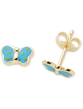 Miore Kinder-Ohrstecker Schmetterling 750 Gelbgold blau emailliert