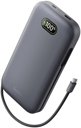Belkin UltraCharge Pro Power Bank 27000mAh, Caricatore Portatile con Cavo USB C Integrato, USB PD 240W, Power Bank Portatile con Carica Rapida per MacBook Pro, iPhone, iPad Pro, Galaxy, Pixel, Carbone