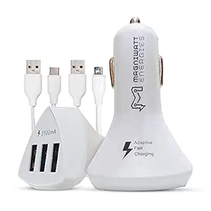 MAGNIWATT ENERGIES 3.1A Fast Charging Car Charger with 3 USB Port for All Mobiles with Micro USB Cable and Type-C Cable