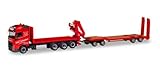 Material: Kunsstoff Herpa 310086 Volvo FH GL Flachbett-LKW mit Kran und Goldhofer TU4
