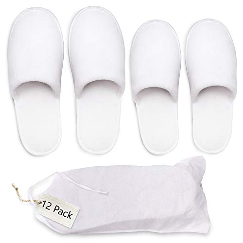 Pantuflas Spa Desechables (12 Pares) con Bolsa con Cordel - Blanco Esponjoso Cerrada Dos Tallas (S, L) Hombre y Mujer Suela Antideslizante Uso Perfectas en Baño, Invitados, Viaje, Hogar, Boda
