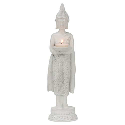 miaVILLA Kerzenhalter Buddha - Teelichthalter aus Polyresin - Weiß - Höhe ca. 37 cm