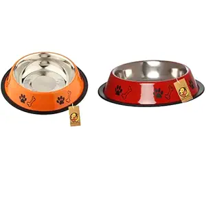 Foodie Puppies Stainless Steel Combo Offer Paw Bone Printed Fiery Orange and Radiant Red Food Water Feeding Bowl for Dogs & Puppies (Medium, 700ml Each)