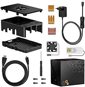 TICTID Raspberry Pi 4 Accesorios Caja para Raspberry Pi 4 con Ventilador de enfriamiento, Adaptador USB-C de 5V 3A, 3 Disipador Térmico, Caja Negra Compatible con Raspberry Pi 4 Modelo B