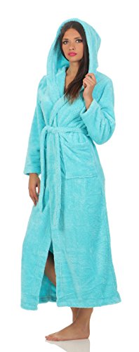 Damen Kuschel-Bademantel mit Kapuze, Wellsoft, extra lang oder kurz in 6 Farben Farbe turkise, Grösse L in lang, 140 cm - 4