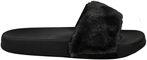 Ladies Furry Rihanna Fenty Inspired Flat Slider Sandals Mules Shoes Size Farrah - Black - 7 UK