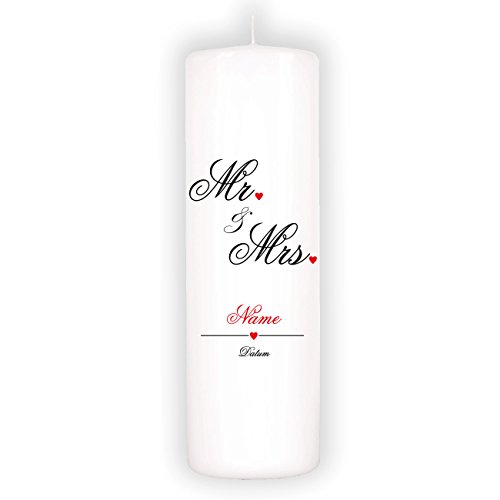 geschenke-online Hochzeitskerze - Mr. & Mrs. - mit Aufdruck des Nachnamens und Hochzeitsdatum