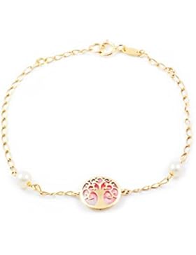 Damen & Kinder Lebensbaum mit rosa Perlmutt Armband - Gelbgold 9 Karat (375)