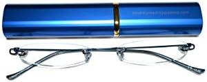 Rimless Blue Reading Glasses +2.0 Light Sturdy and Reliable in Several Metal Finished Colours,Free Aluminium Matching case/CE Certified/EN ISO 12870