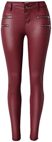 women's disco low waist pu leather straight trouser zipper pocket slim elasticity pants . wine red . 34