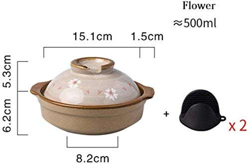 huashangbaihuodian Casserole ，500 ML Japonais Mini Casseroles en Céramique Ensemble Cuisine Plat Argile Pierre Pot Bol Bibimbap Pot À Soupe, Fleur