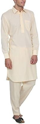 Indian Traditional Mens Neck Thread Embroidered Off-White Classic Collar Polycotton Pathani Kurta And Salwar