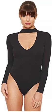 Women Plunge Chocker High Neck Long Sleeve Bodysuit