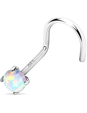 Paula & Fritz® Unisex Nasenklammer aus 14 Karat Echtgold Gelbgold. Weißgold mit Aufsatz runder Opal