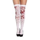 Material: Polyester Dorical Mädchen Halloween Socks Blutung Blut Horror Strümpfe Strumpfhosen Halloween Kostüm Weiße Blutige Halterlose Strümpfe Cosplay Socken Halloween Kostüm(Weiß,70cm/27.6\