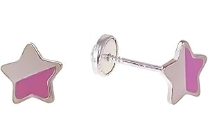 MINOPLATA Pendientes infantiles estrella de Plata de ley con esmalte y cierre rosca de seguridad