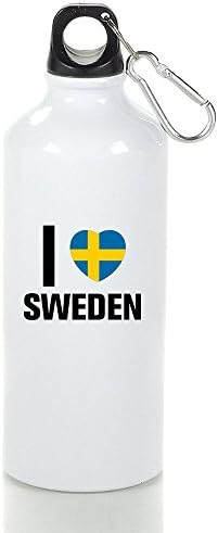 MZONE I Love Sweden Flag Portable Aluminum Outdoor Sport Kettle White With Carabiner Hook,400-600ml /6.5OZ