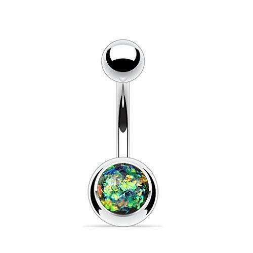 Coolbodyart piercing da ombelico argento acciaio chirurgico 5 mm e 8 mm con Opal dopo Istruzione Glitter purble, blu, verde scuro, verde, rosa e azzurro, bianco, Acciaio anallergico, colore: Verde scuro, cod. CBANSD1907_DG