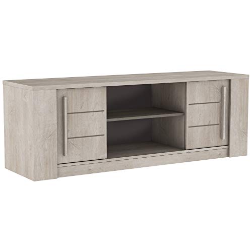 Demeyere Meuble TV Contemporain-Étagère Centrale Claire 2 Portes Coulissantes-Collection Antibes, Chêne Champagne/béton Beige, 150 cm x 42,3 cm x 51,8 cm