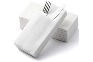 MORGIANA 50PCS Pocket Napkins, Linen Feel White Napkins with Buit-in Flatware Pocket, 1/6 Folded, Disposable Guest Towels Serviettes for Chirstmas, Wedding, Party