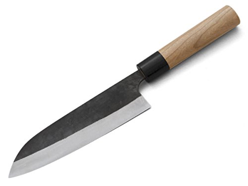 Original japanisches SANTOKU-Messer Kurouchi Yoshimi Kato. Klingen-Länge 17cm. Aogami super, handgeschmiedet. Runder Echt-Holz-Griff aus hochwertiger amerikanischen Kirsche